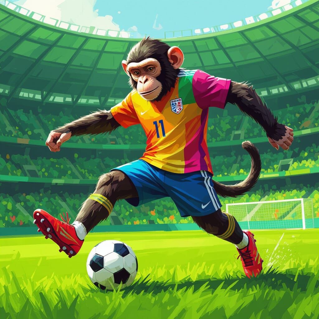 Monkey Kicking Soccer Ball in Stadium, Painterly Style