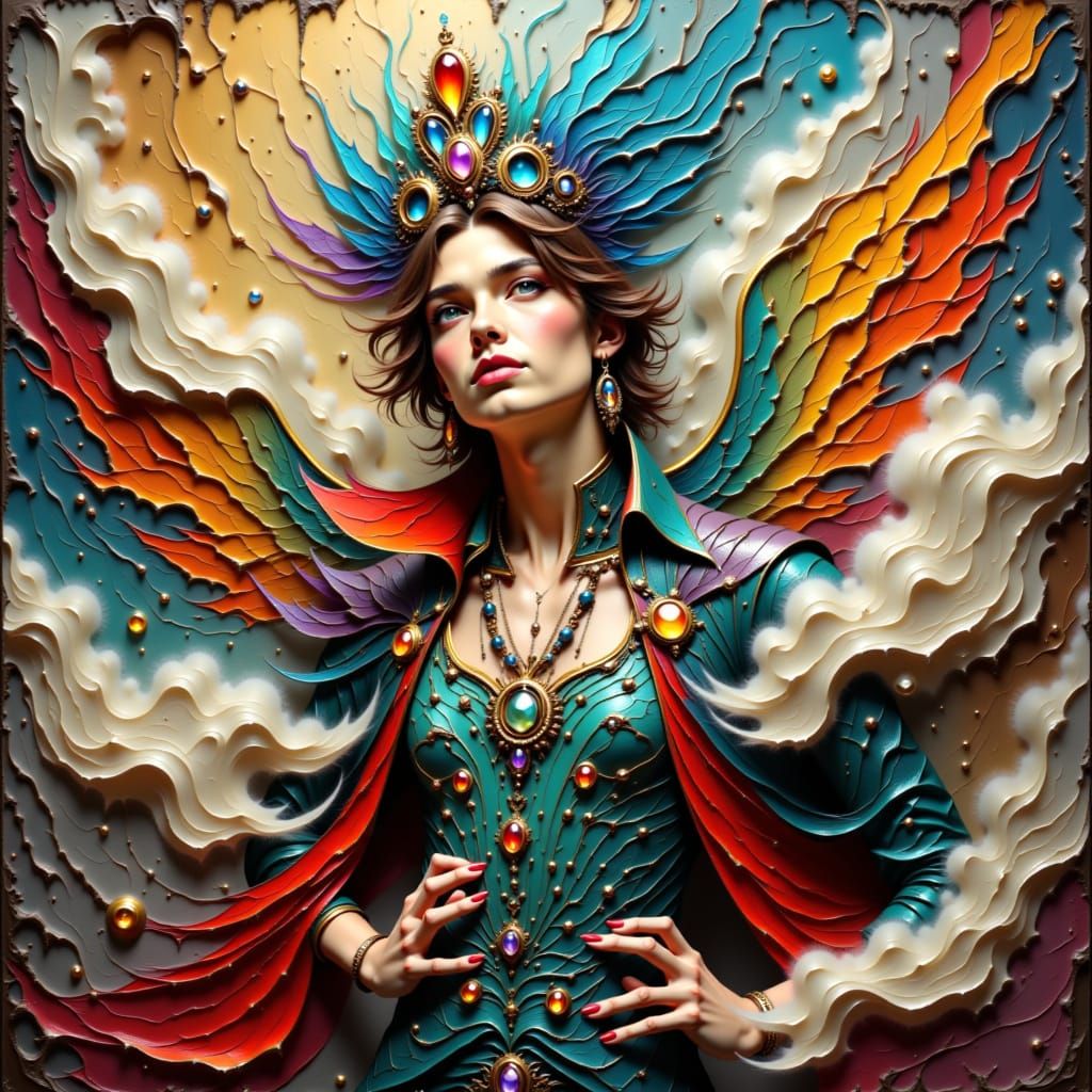 Dreamer in Ornate Attire Amidst Swirling Clouds