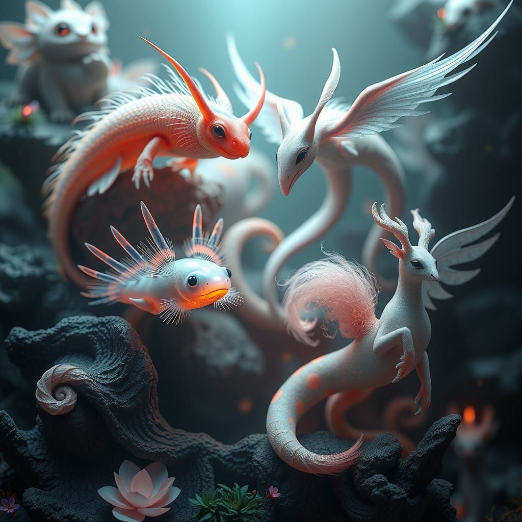 Mystical Creatures Assemblage in 3D Anime Style