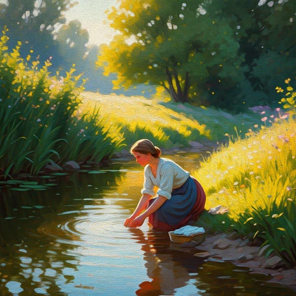 Woman in Serene River Landscape, Impressionist Art