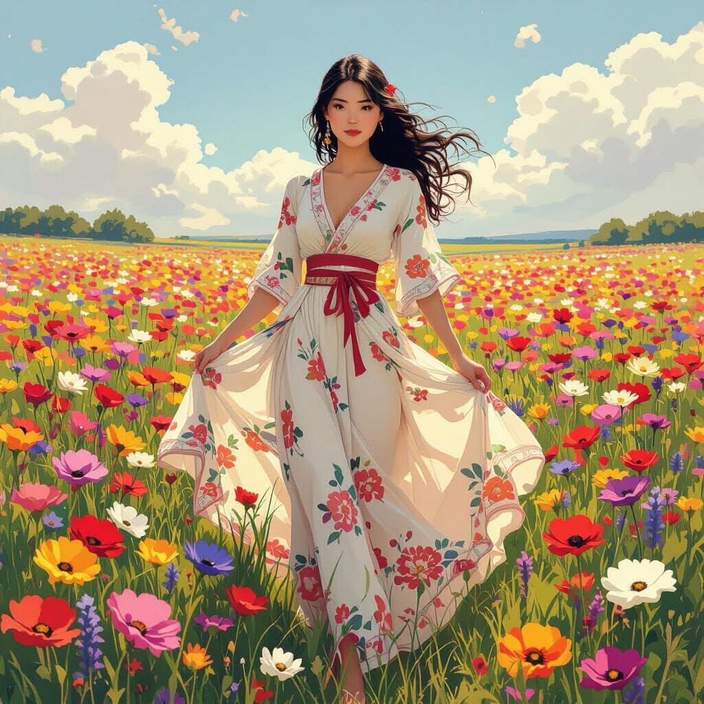 Asian Woman in Flower Field, Art Nouveau Style