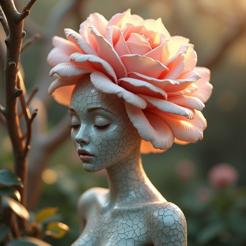 Rose-headed Figure in Dreamy Garden, Fantasy Concept Art
