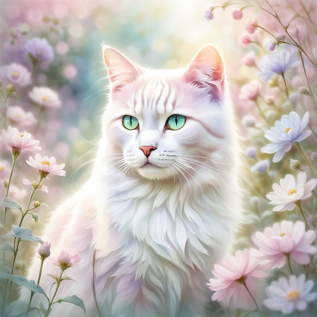 Pastel Cat in Enchanting Garden, Soft Focus Digital Art