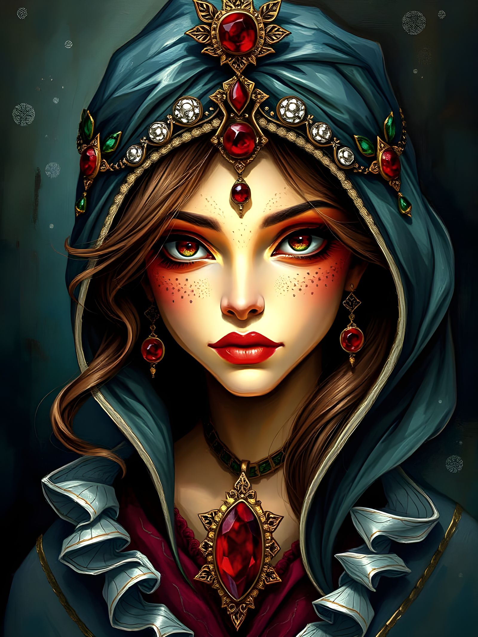 Sorceress with Ruby Pendant in Post-Impressionistic Style