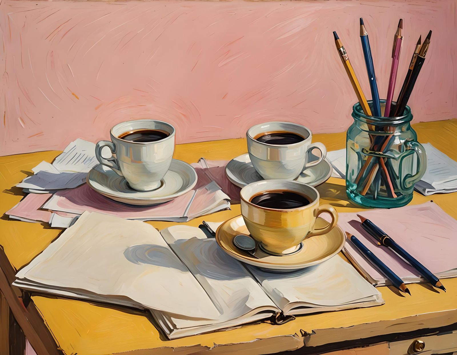 Coffee Cup Still Life on Yellow and Pink Desk