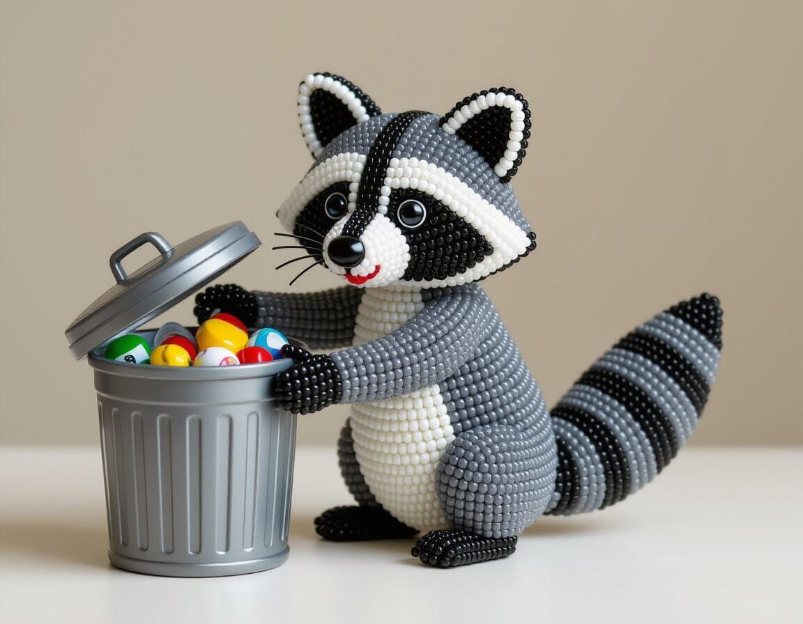 Beaded Raccoon Lifting Trash Can Lid