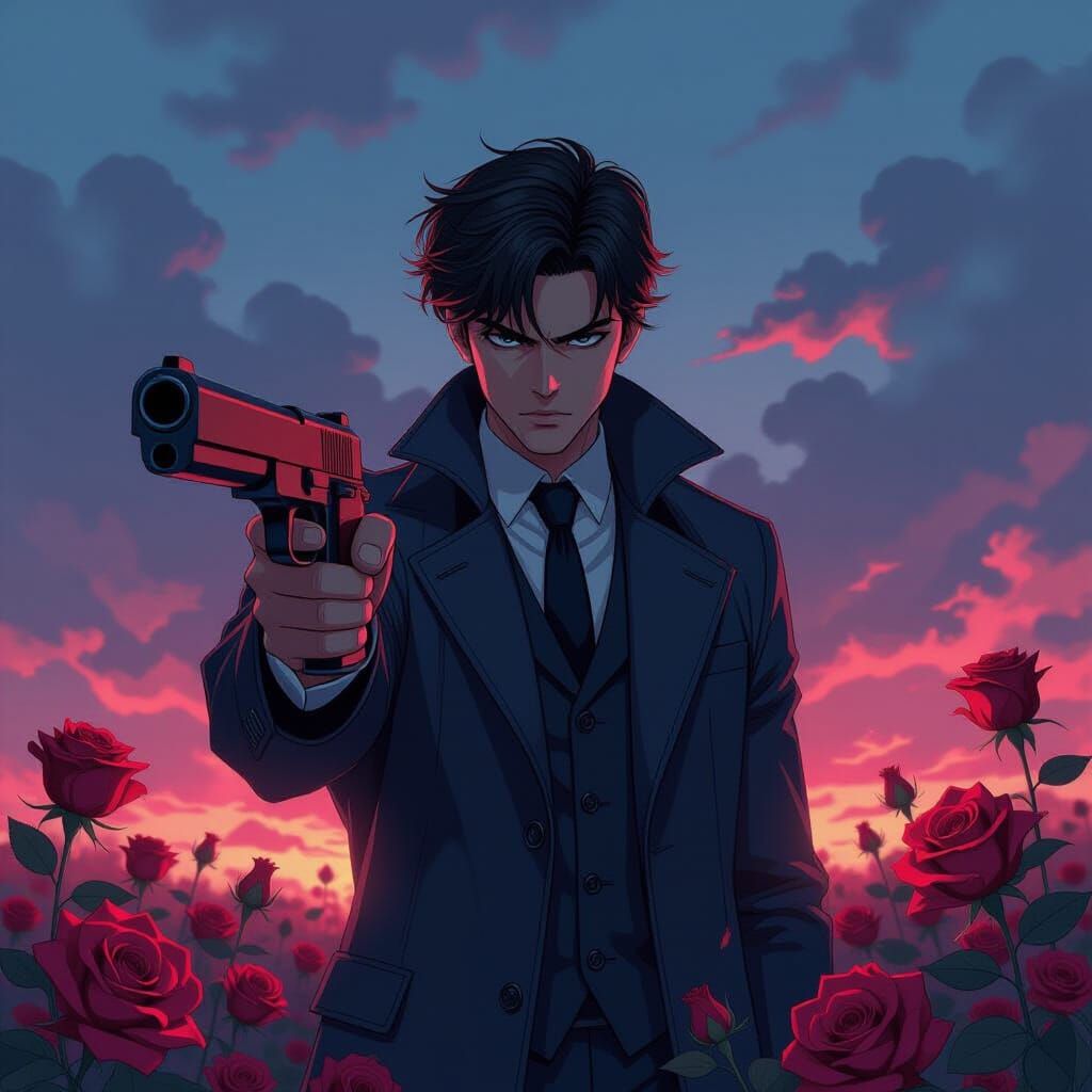 Dramatic Manga Figure with Scarlet Roses