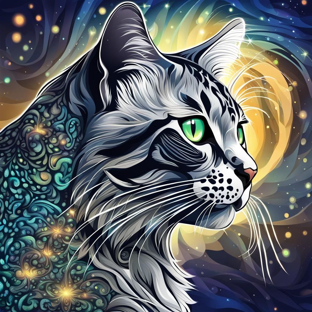 Silver Bengal Cat with Northern Lights, Anime Style