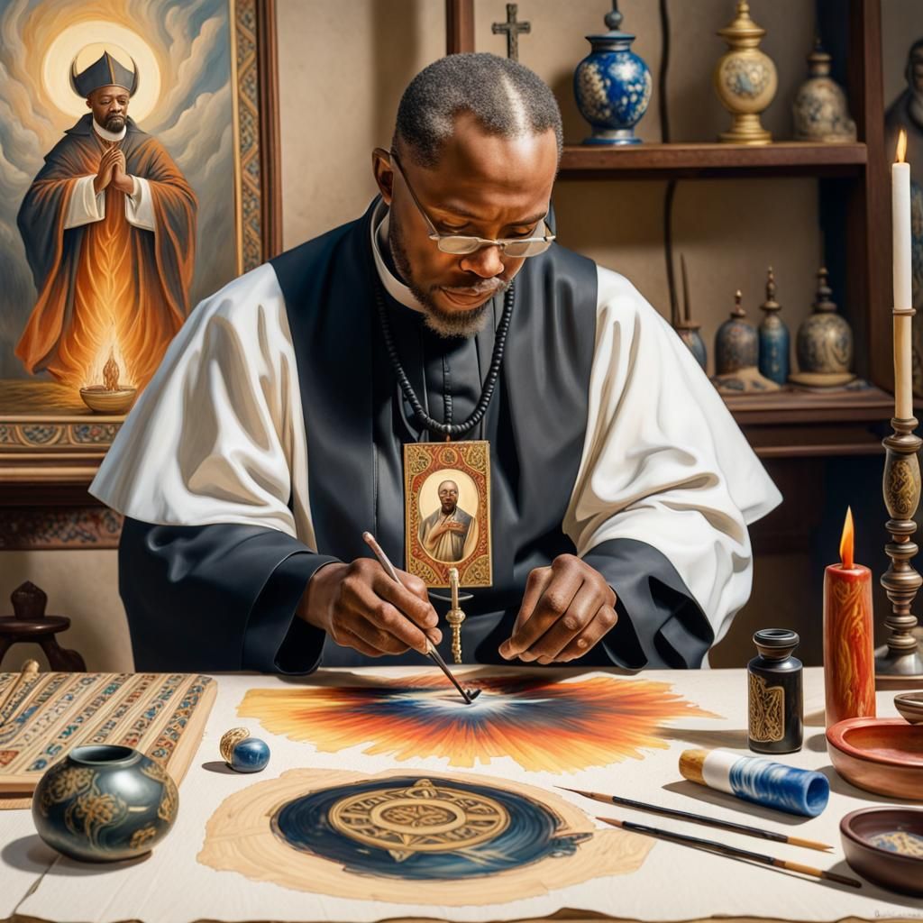 Black Priest Scrimshaw Prayer Bead in Gouache Style