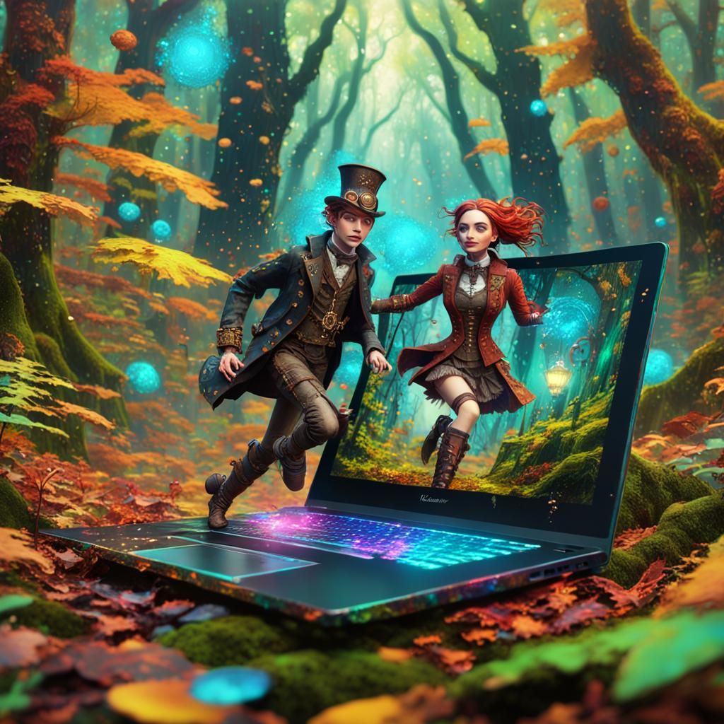 Steampunk Figures Emerge as 3D Hologram in Forest
