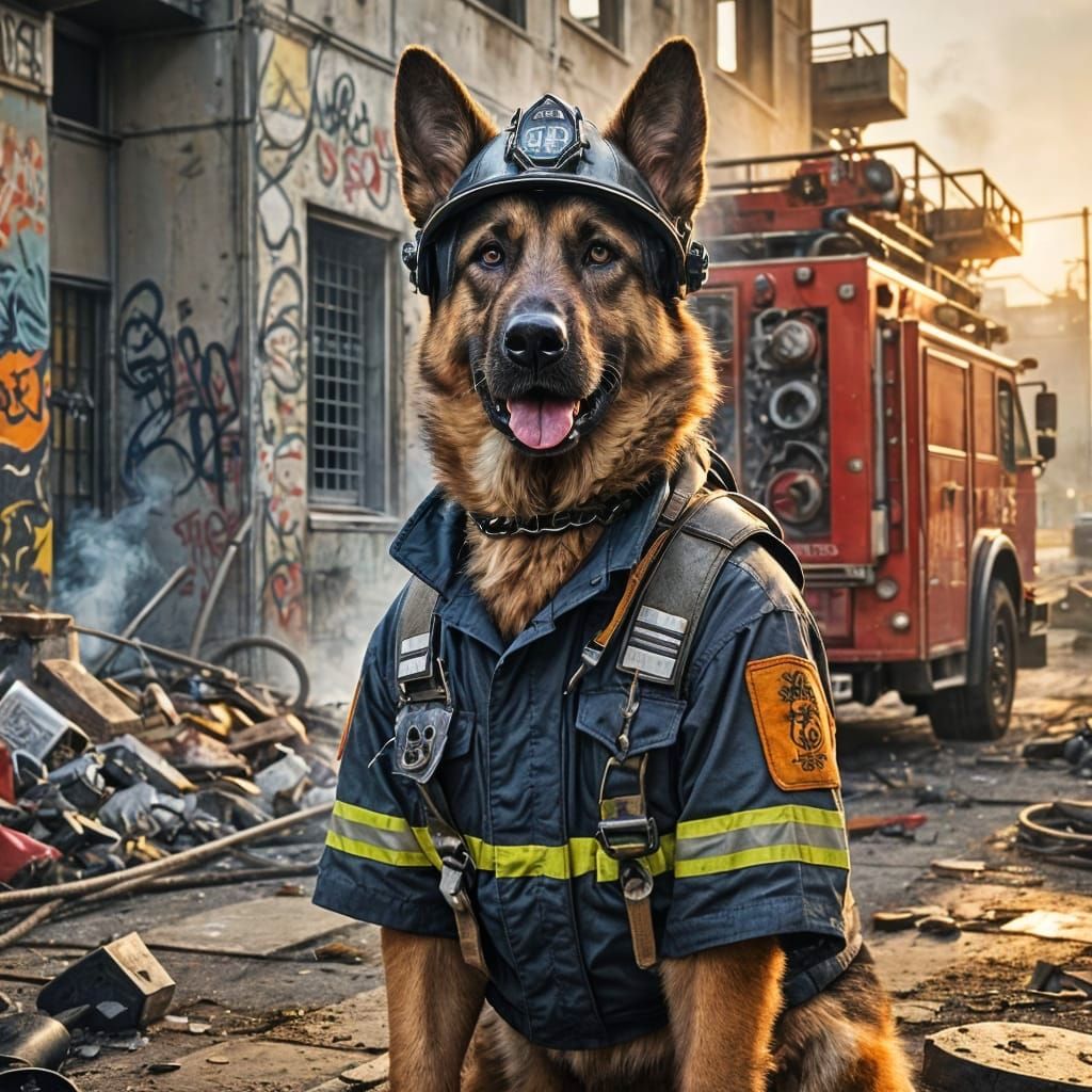 Cyberpunk Firefighter German Shepherd in Urban Decay