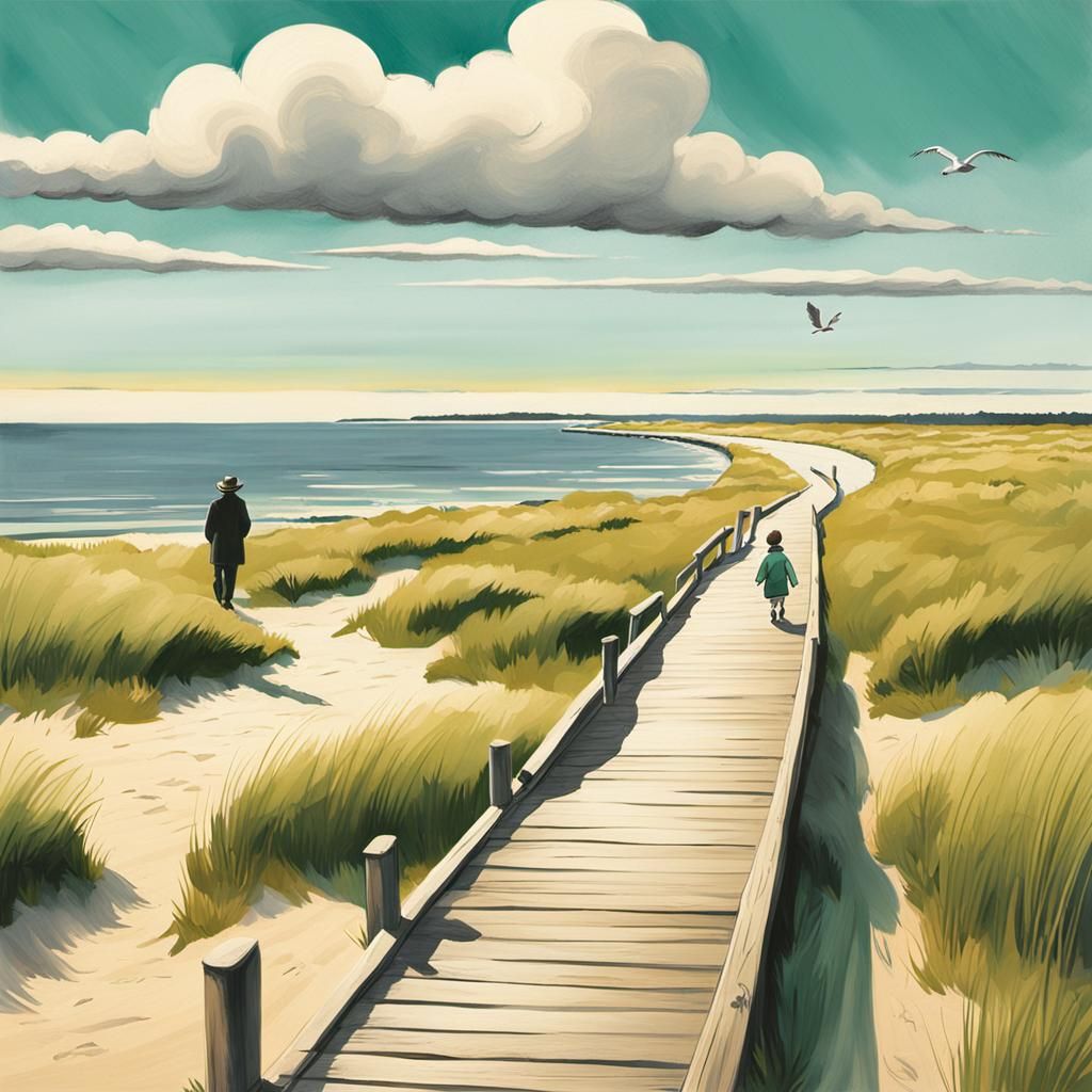 Boardwalk at Dawn: Storybook Illustration Inspired by Hopper