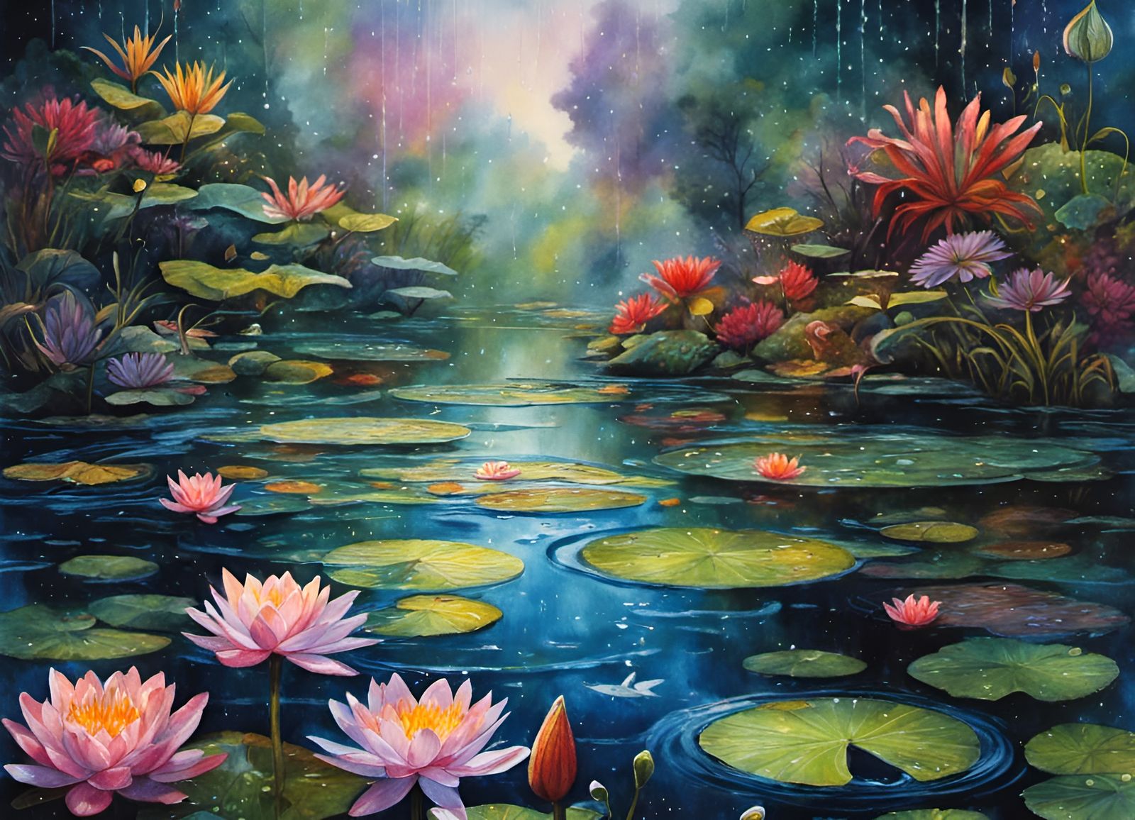 Vivid Fairycore Pond with Water Lilies in Watercolor