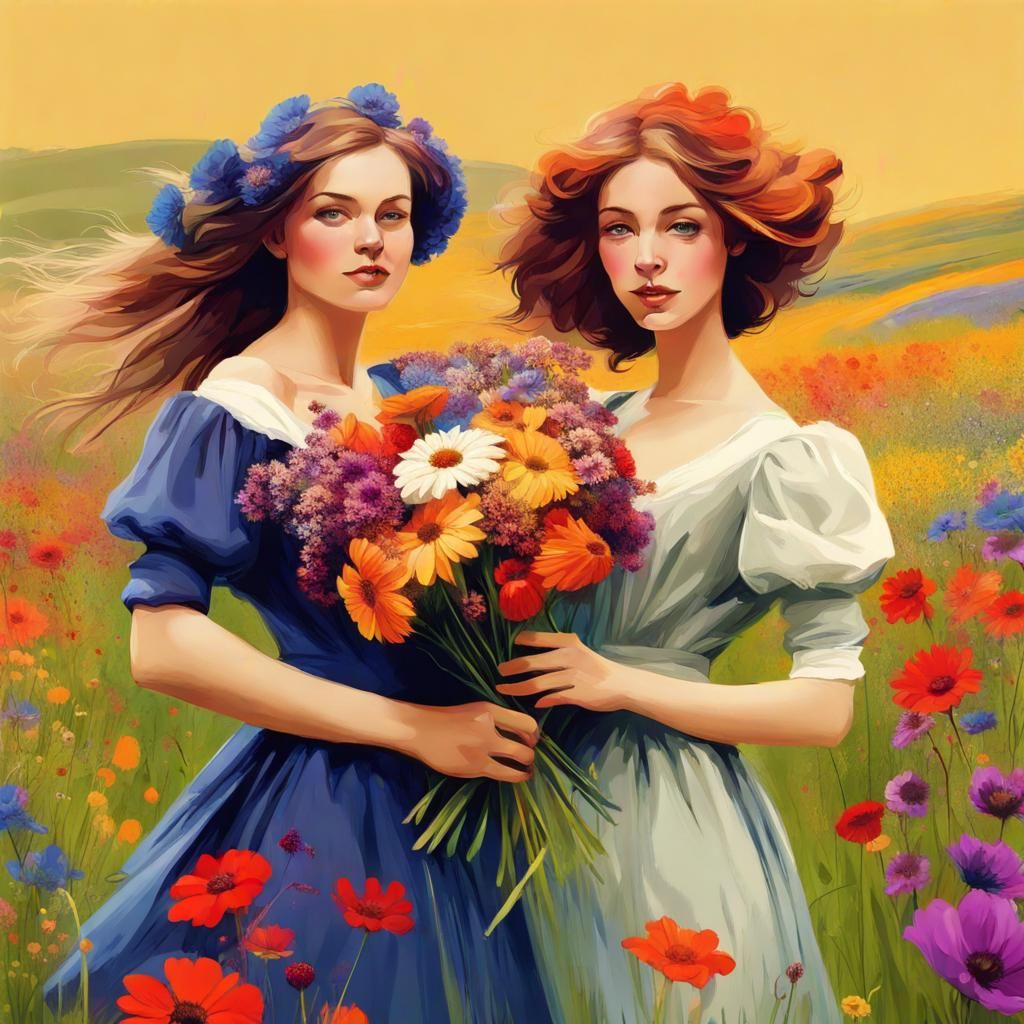 Woman with Flowers in Vibrant Meadow