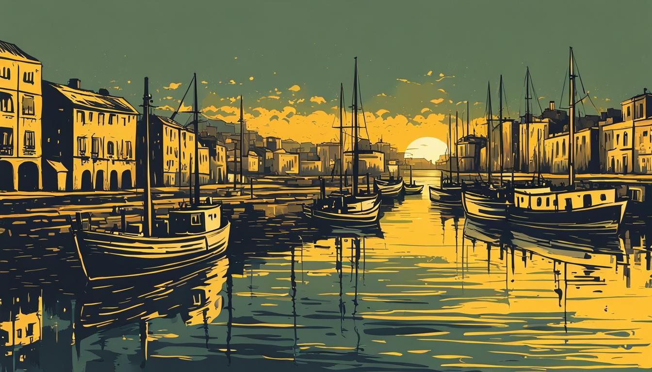 Majestic Deserted Port in Setting Sun, Hand Illustrated