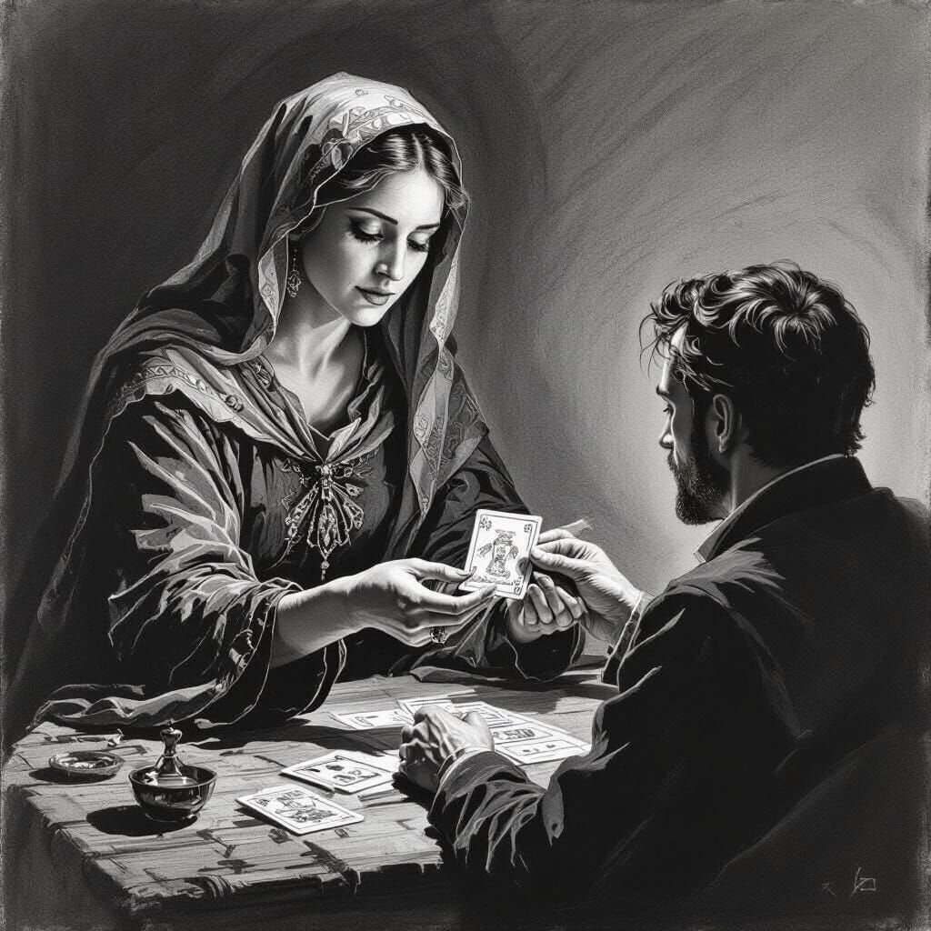 Cartomante's Relief in Hyperdetailed Charcoal Drawing