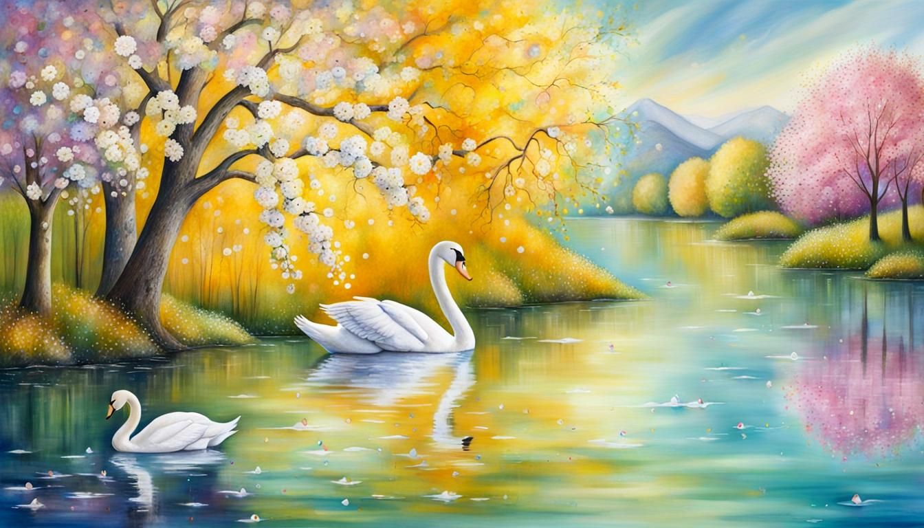 Swan on Lake: Whimsical Klimt-Inspired Painting