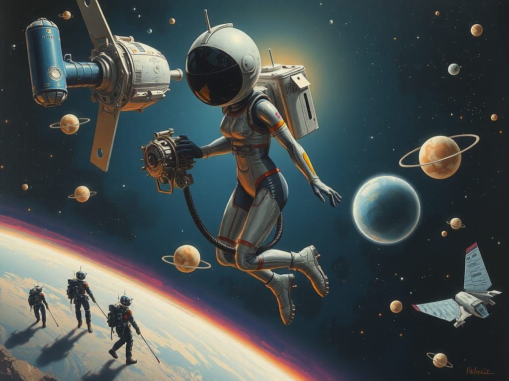 Android Woman in Space, Oil Painting Style