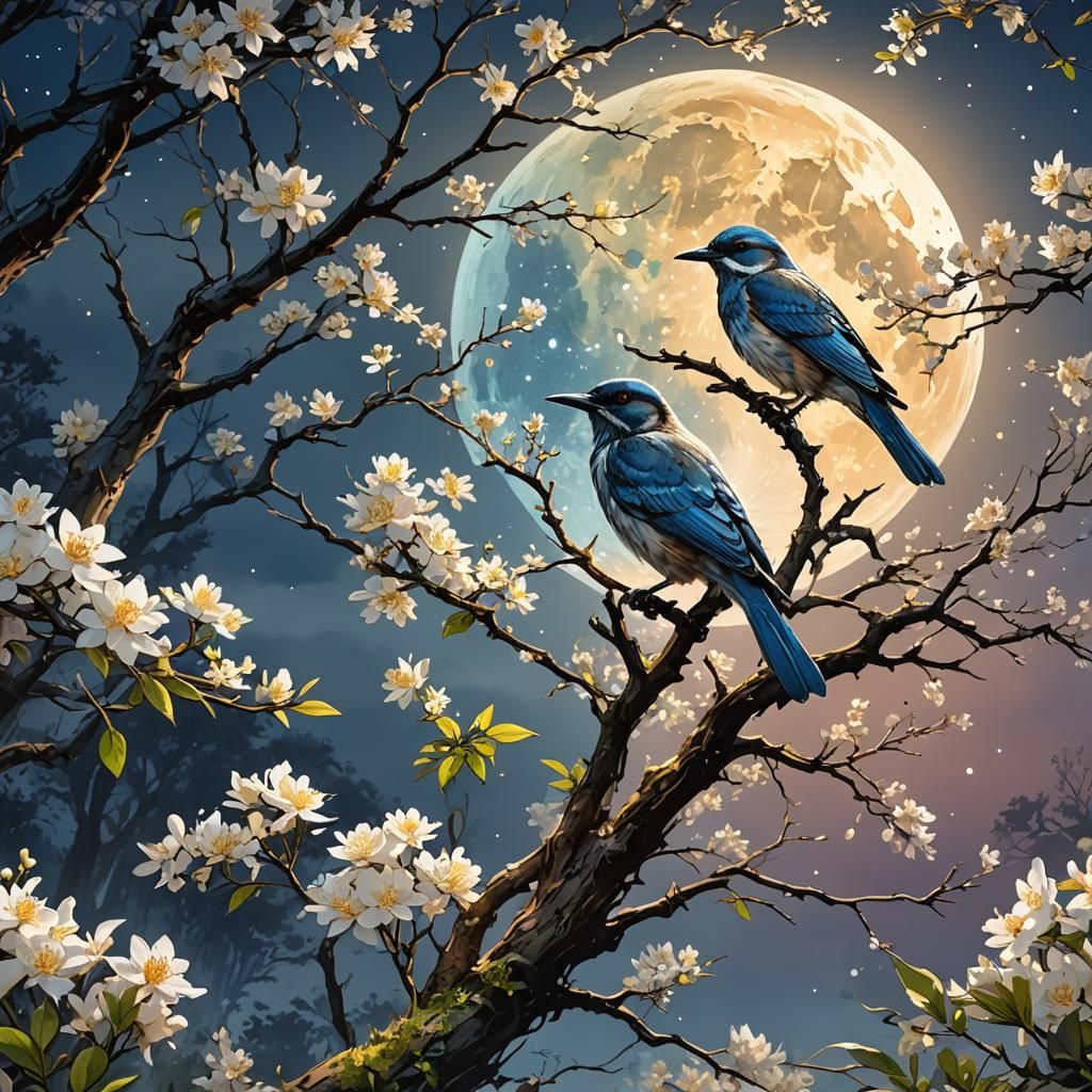 Magical Bird and Full Moon in Watercolor Style