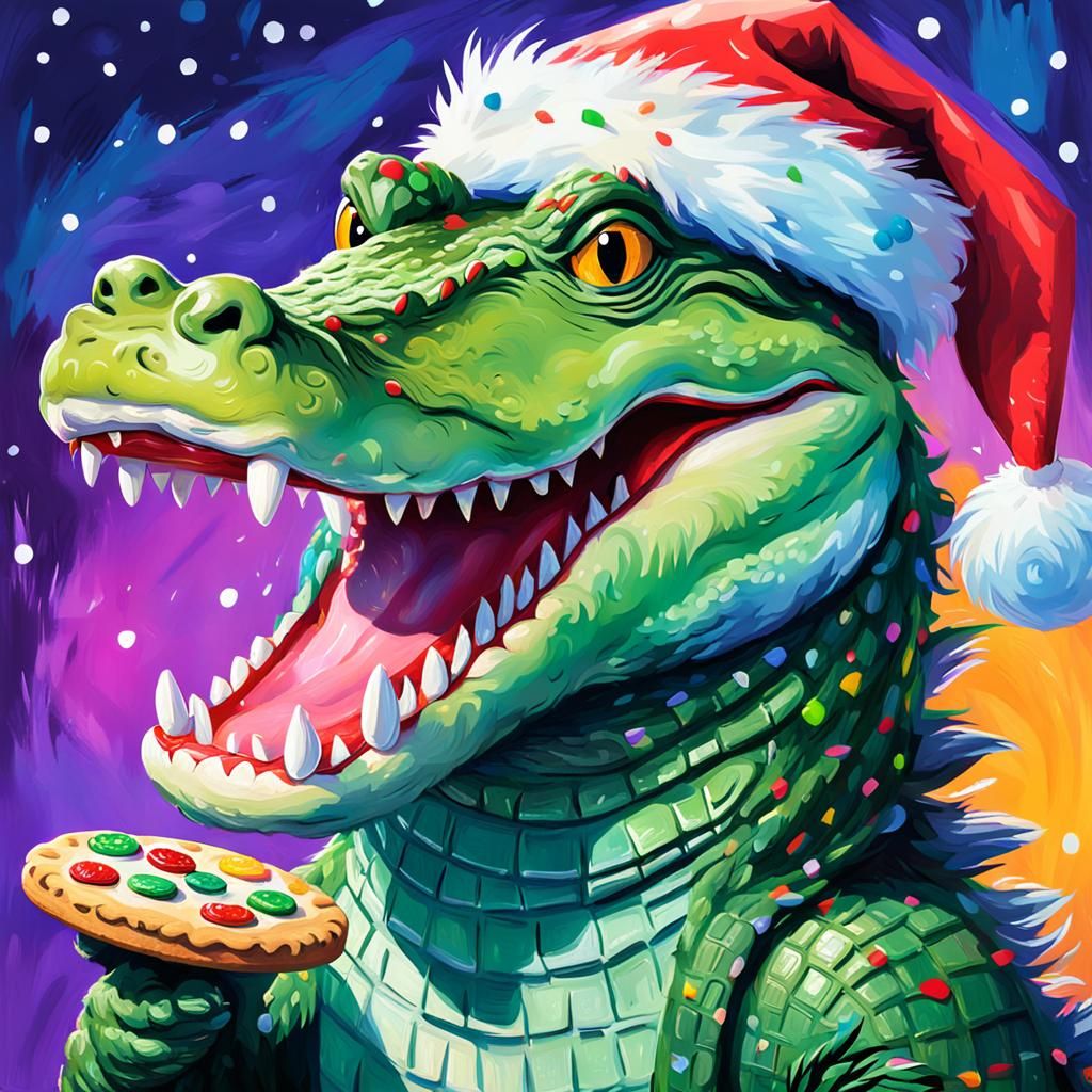 Whimsical Crocodile with Santa Hoards Cookies in Festive Fau...