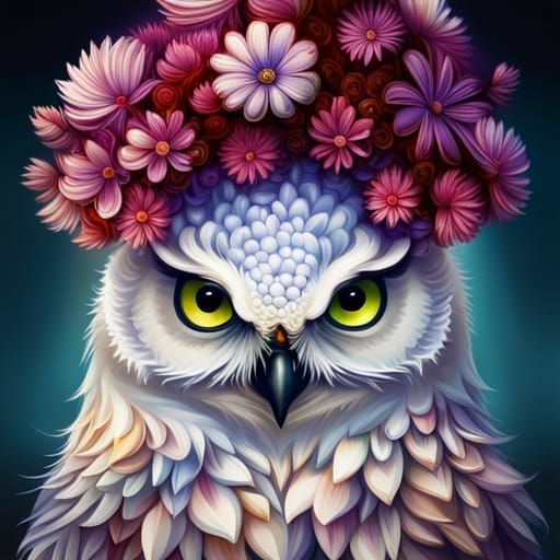 Cute Blue Owl with Fractal Flowers in Pixel Art