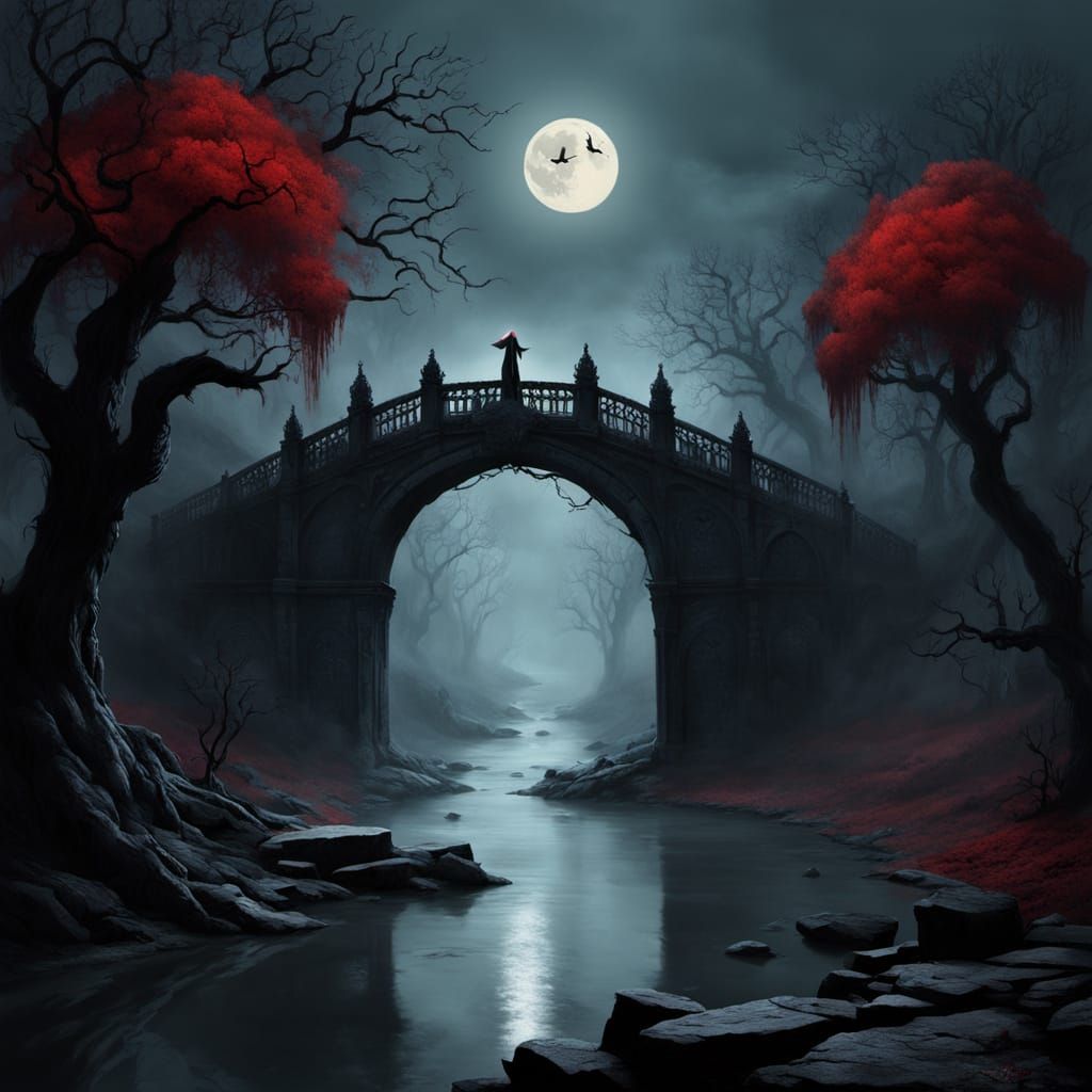 Gothic Bridge Under Full Moon, Twisted Trees and Gargoyles