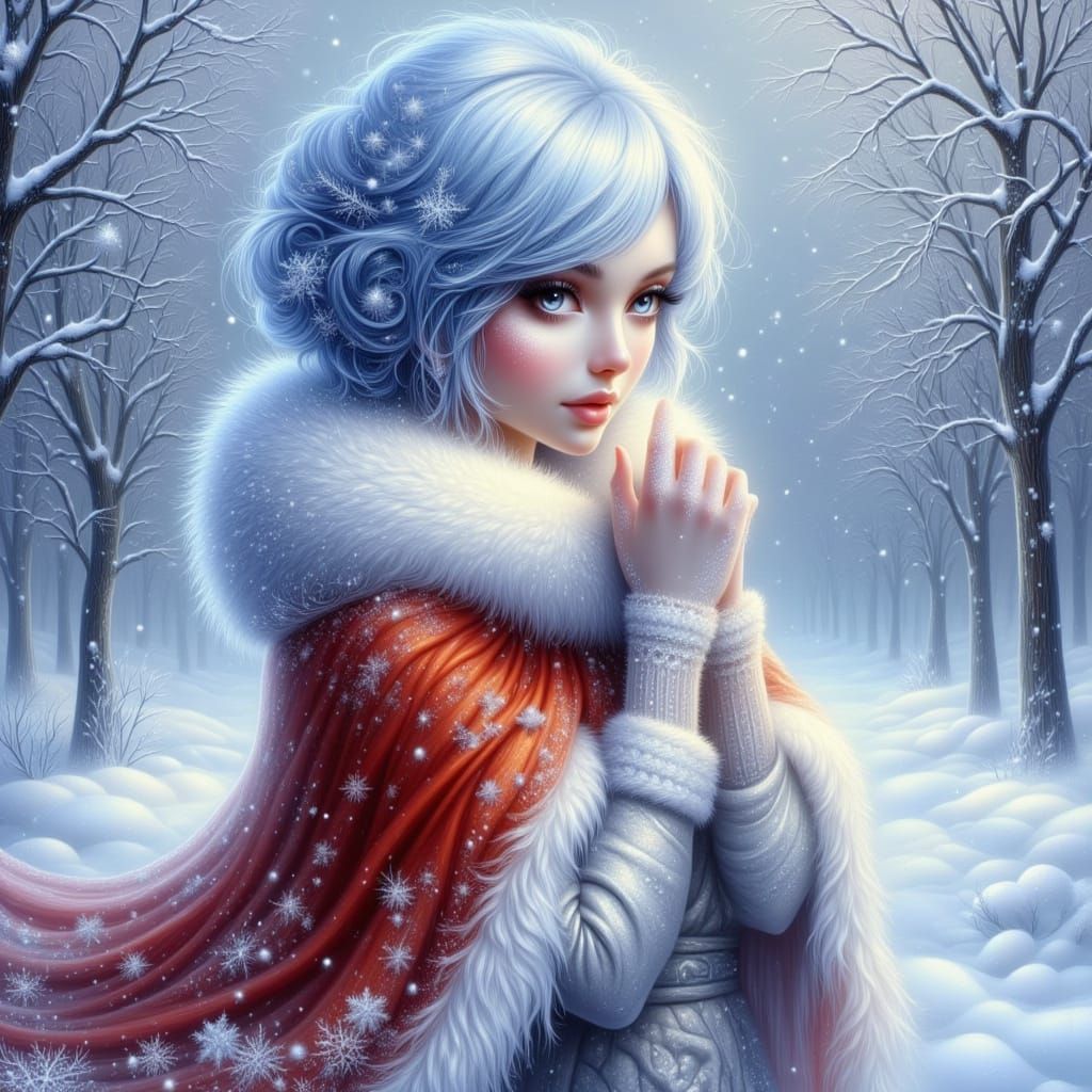 Ethereal Winter Woman Holding Snowflake in Snowy Landscape