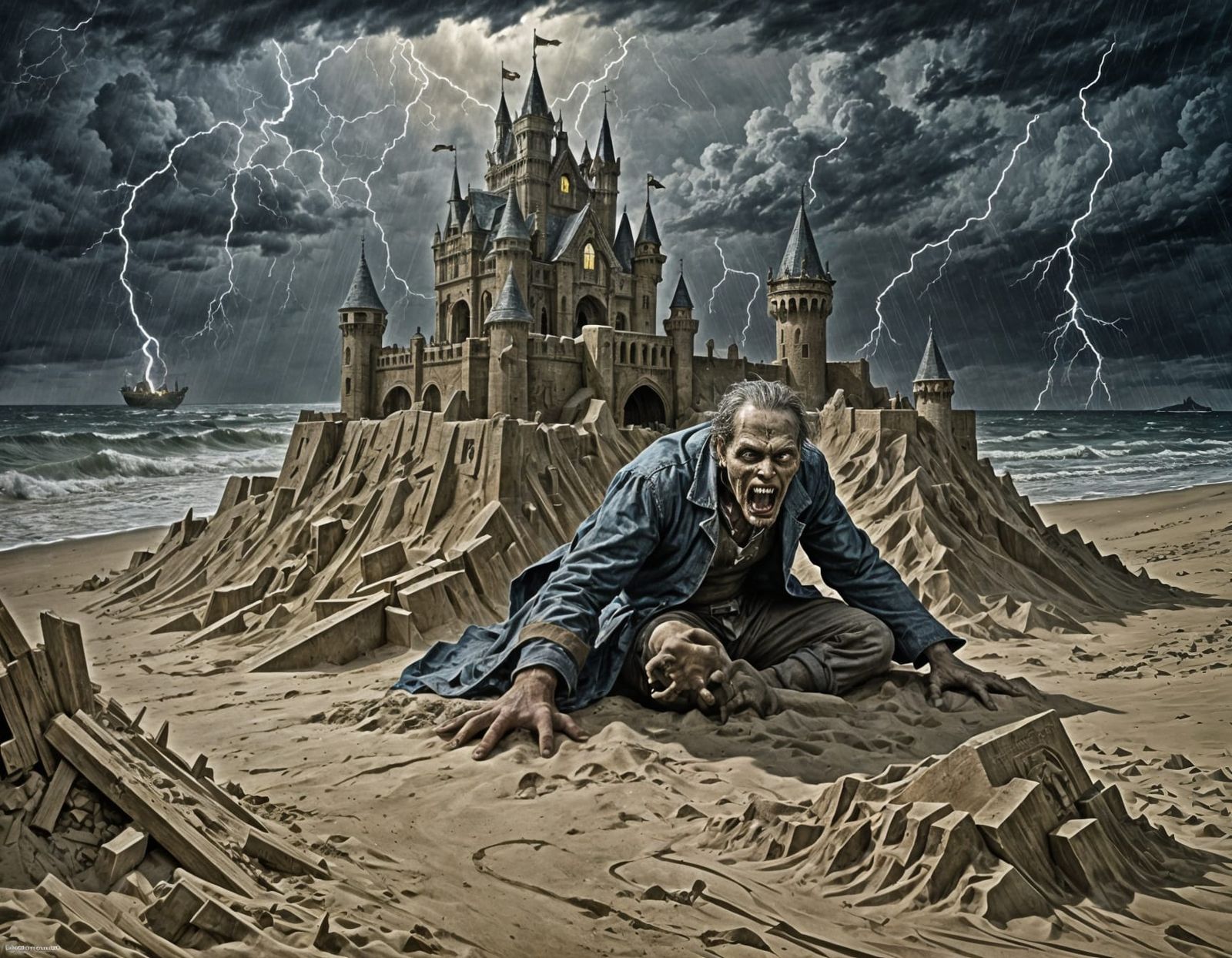Zombie Sandcastle Emergence in Gothic Horror Style