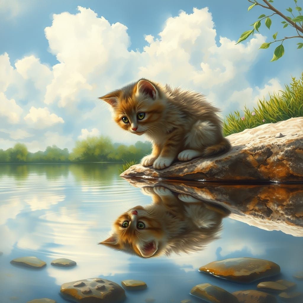 Kitten Contemplates Its Reflection in Serene Spring Landscap...