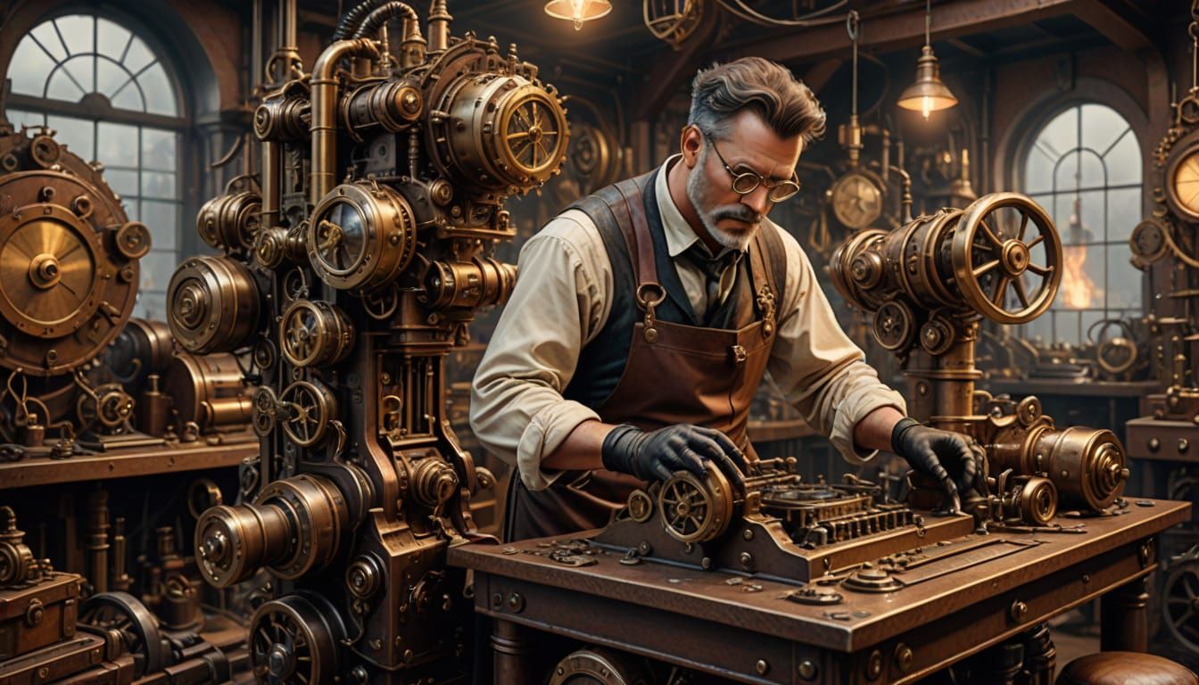 Steampunk Inventor in Gears and Gadgets Workshop
