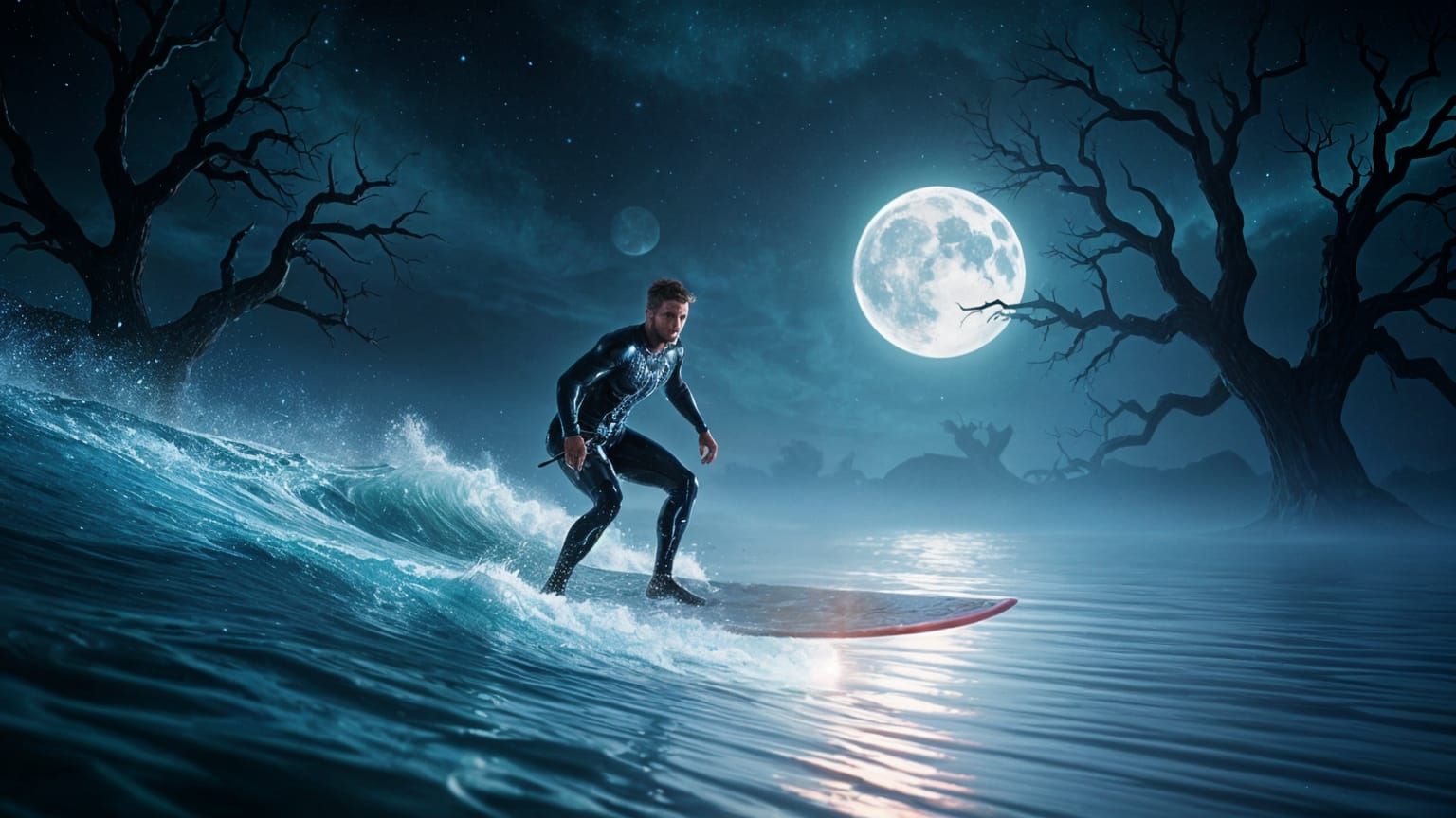 Surfer Riding Cosmic Moonlit Lake in Triadic Colors