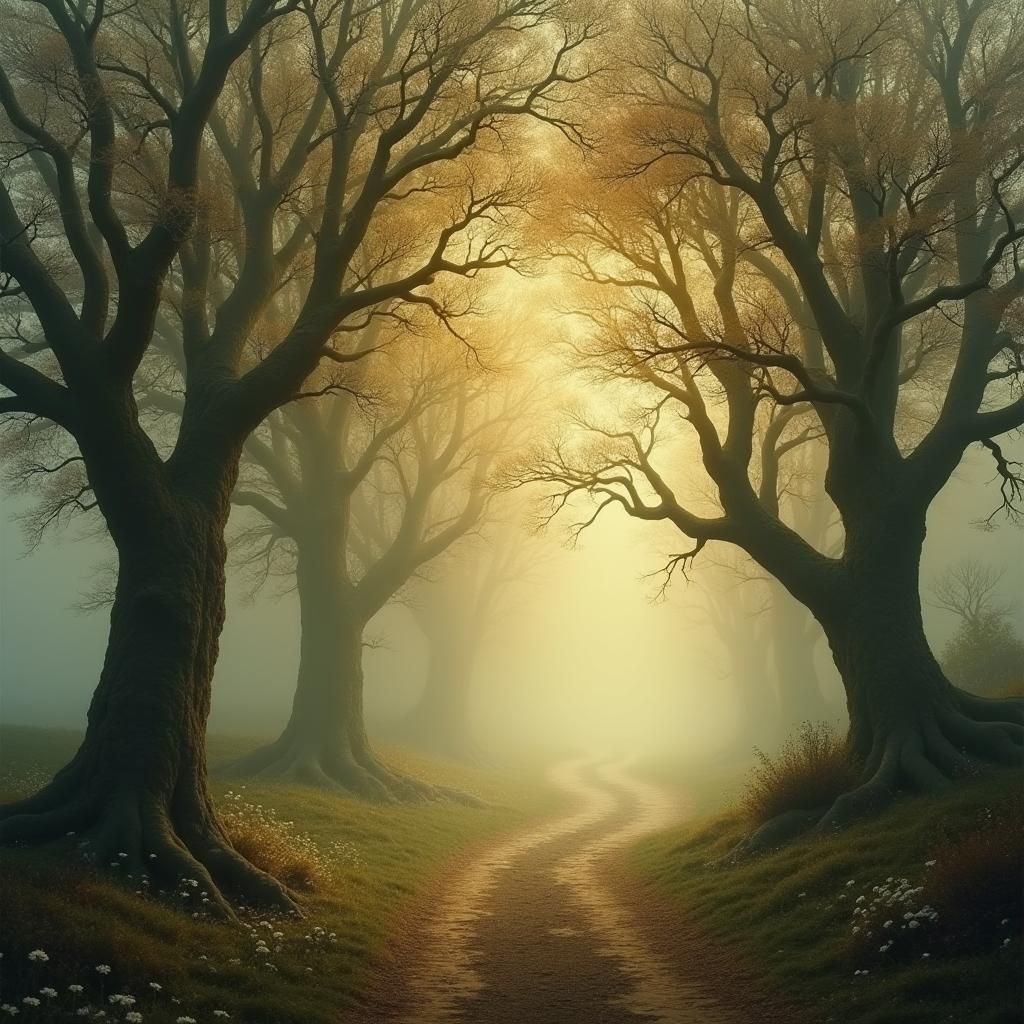 Mystical Apple Orchard in Ethereal Mist