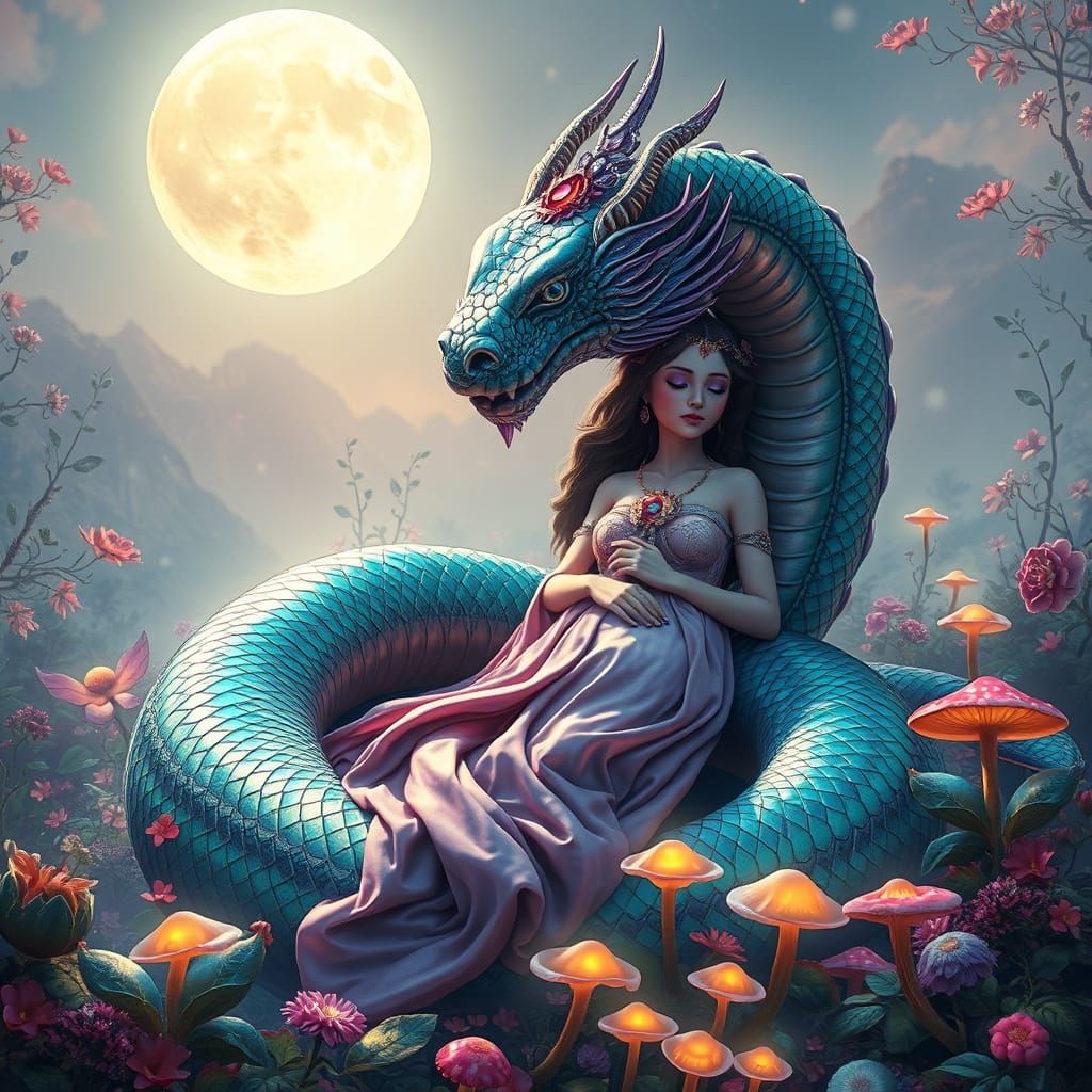 Moonlit Goddess and Serpent in Vibrant, Dreamlike Garden