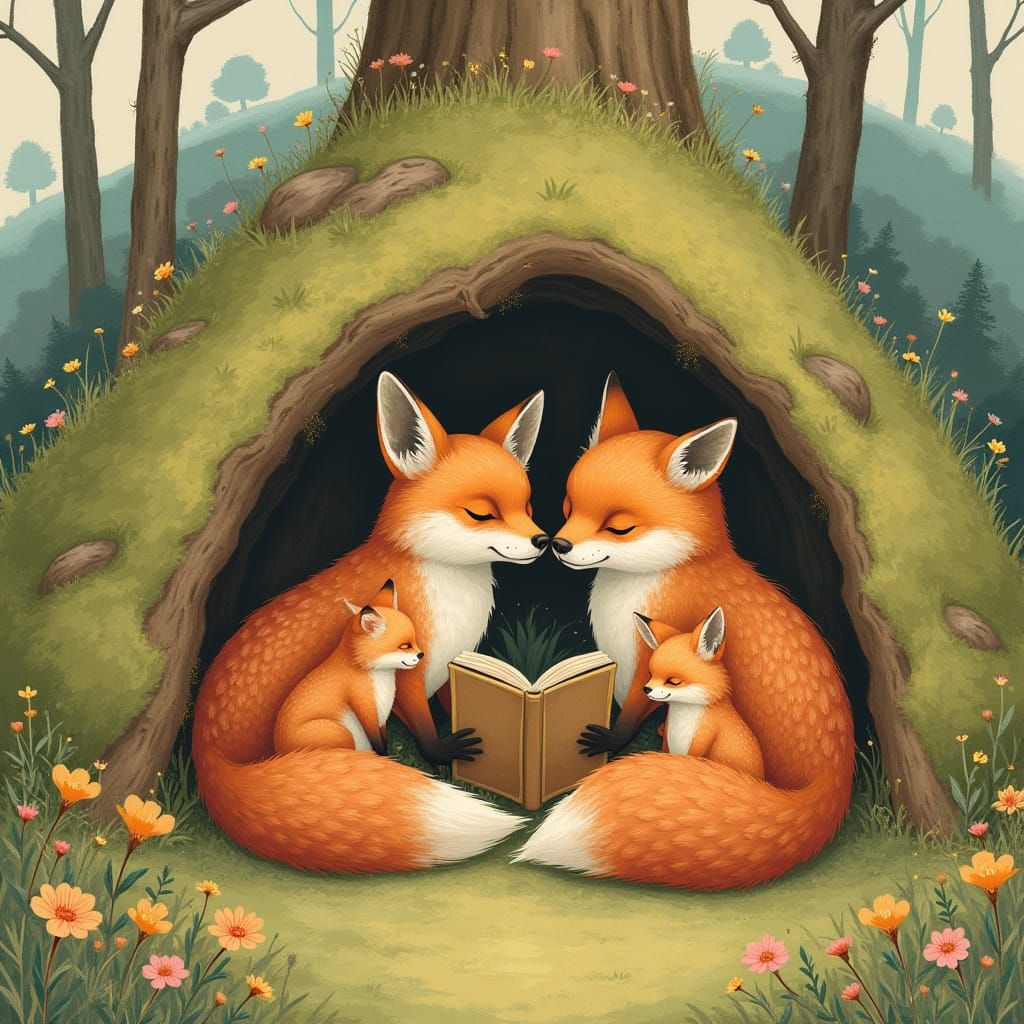 Fox Family Art Nouveau Storybook Illustration