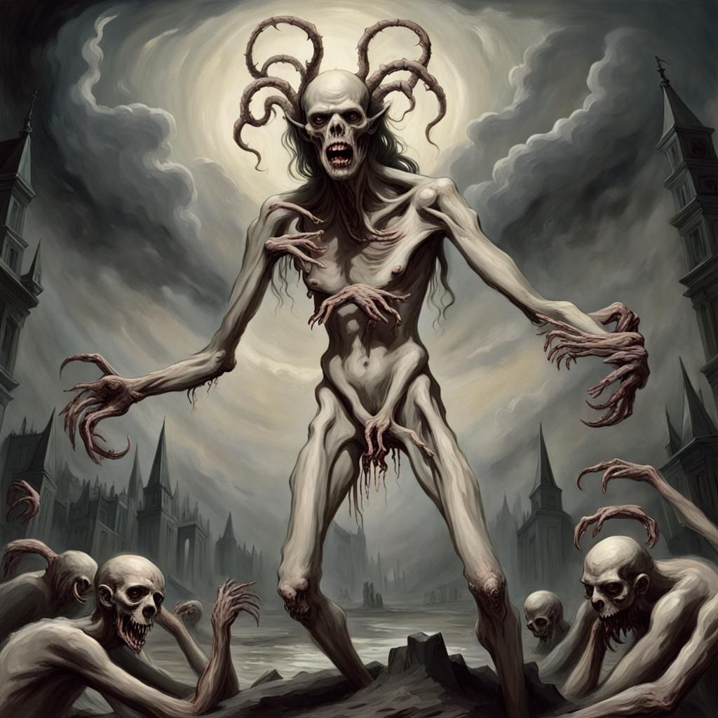 Demonic Multi-Armed Creature in Gothic Horror Style