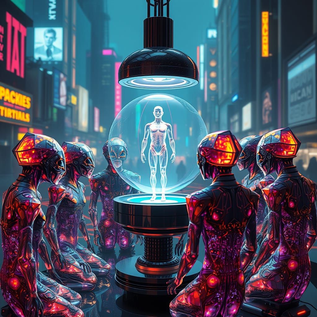 Cybernetic Beings Study Human Form in Neon City