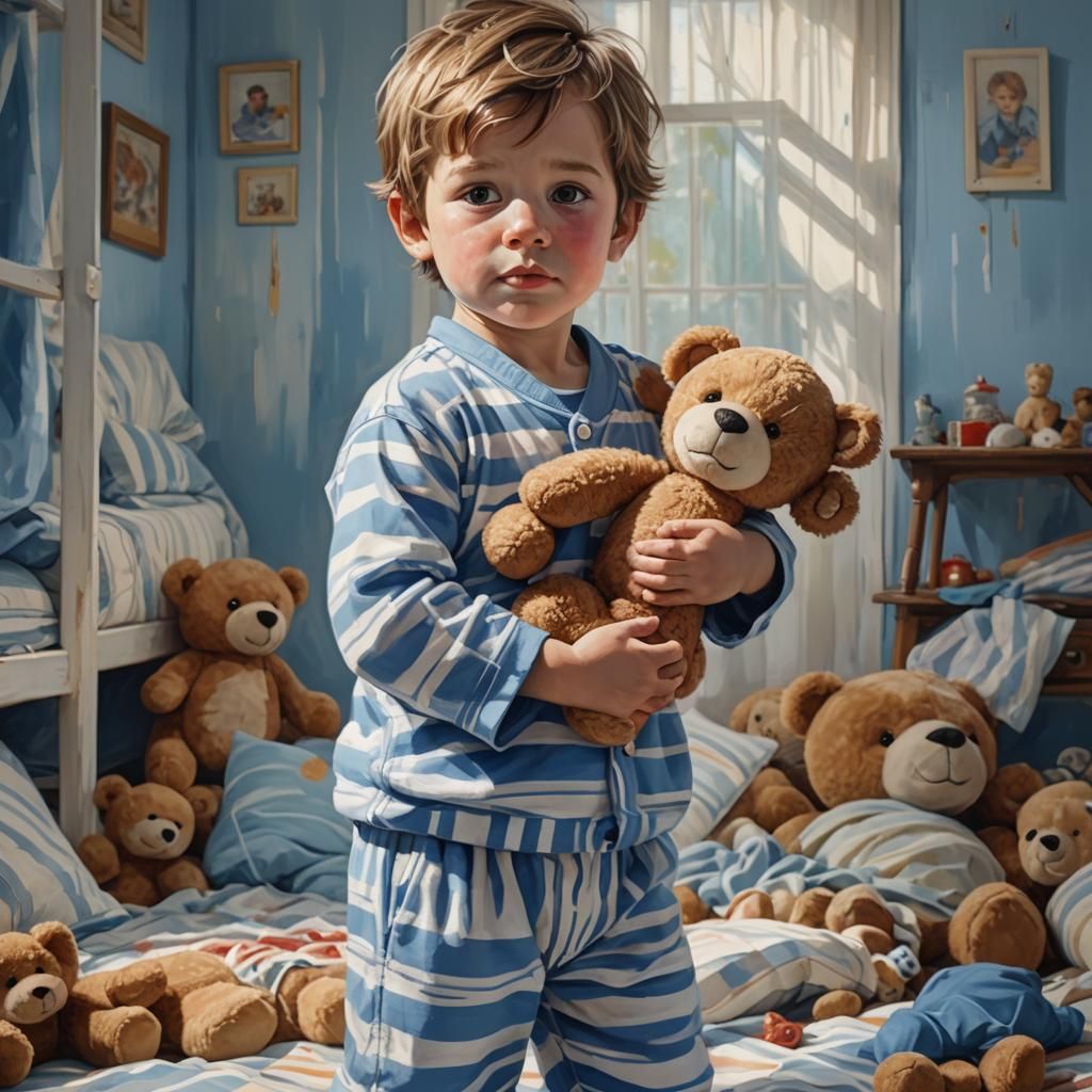 Boy With Teddy Bear in Hyperrealistic Style