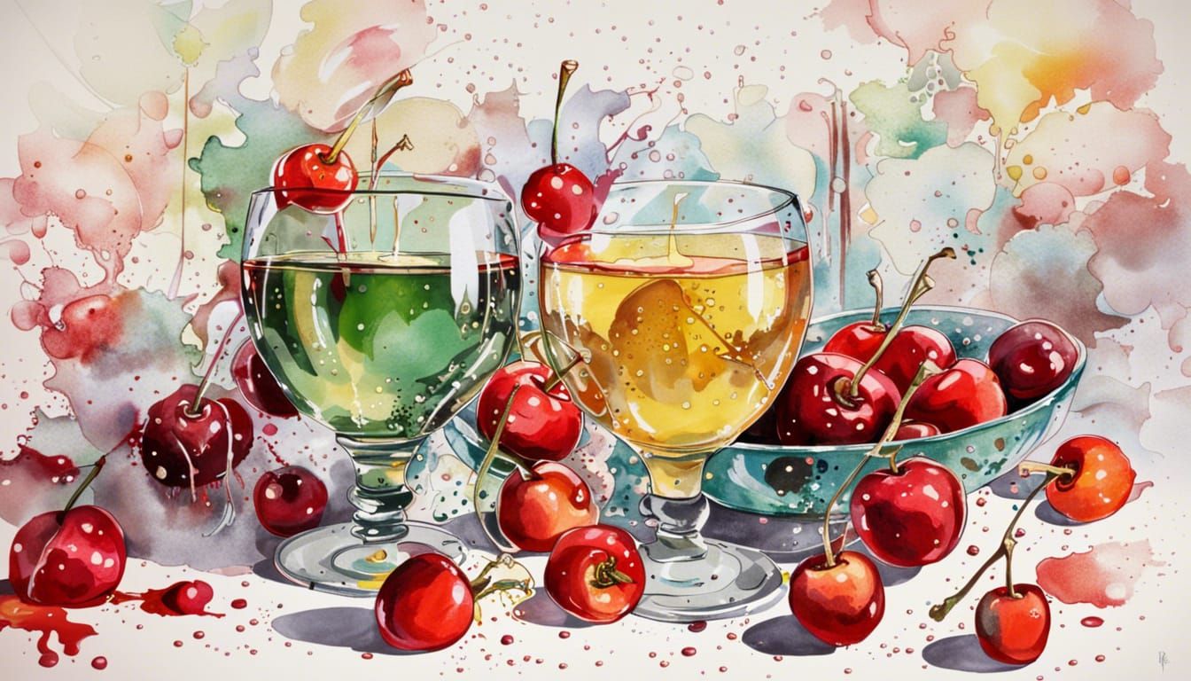 Cherries and Wine Still Life with Colorful Splashes
