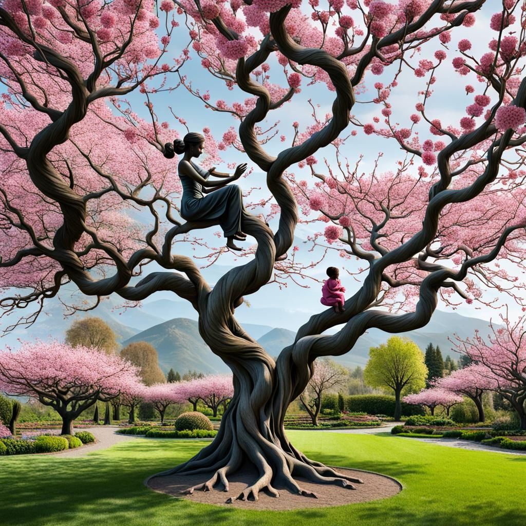 Tree Woman Holding Baby in Pink Blossom