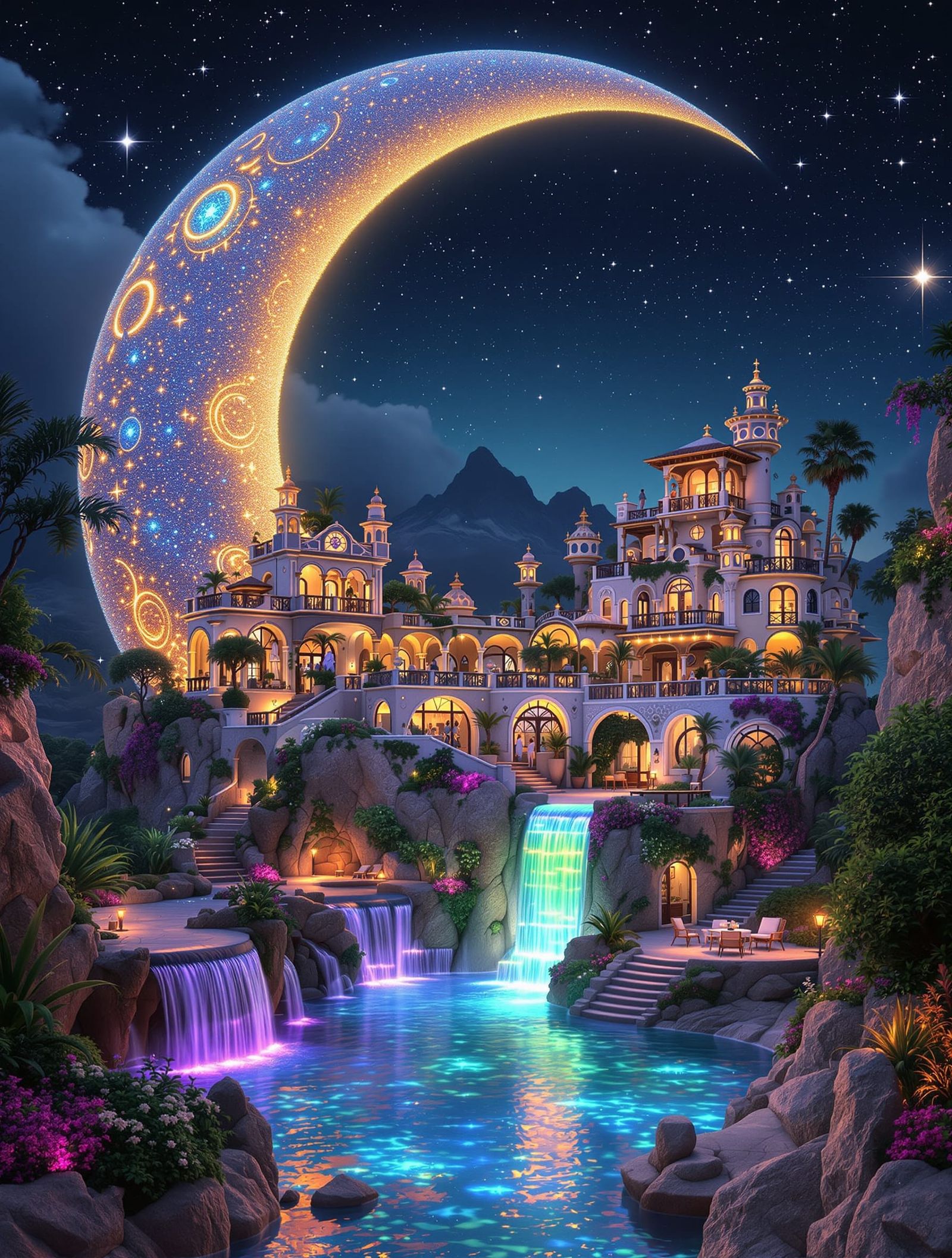 Fantasy Mediterranean Villa Village Inside Giant Moon