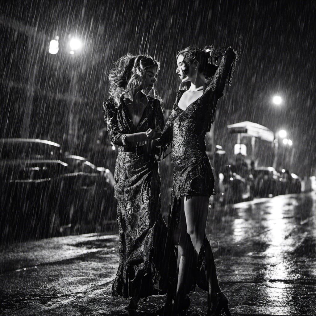 Noir Night: Two Women Dancing in the Rain