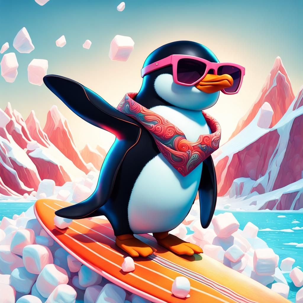 Penguin Surfing on Iceberg in Marshmallow Sea