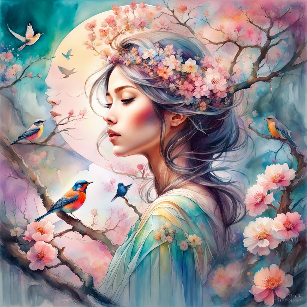 Blossom Girl, Bird, and Tree in Pastel Watercolor