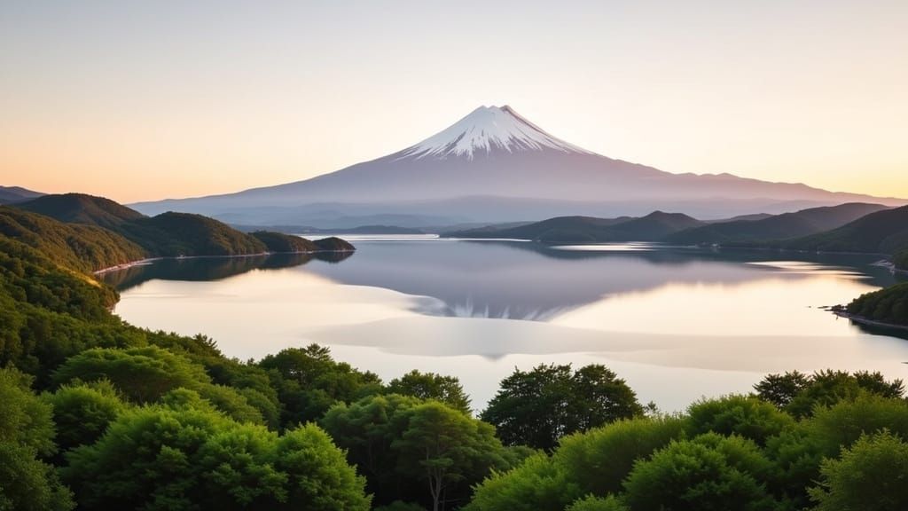 Mount Fuji Reflects in Kawaguchiko Lake at Golden Hour