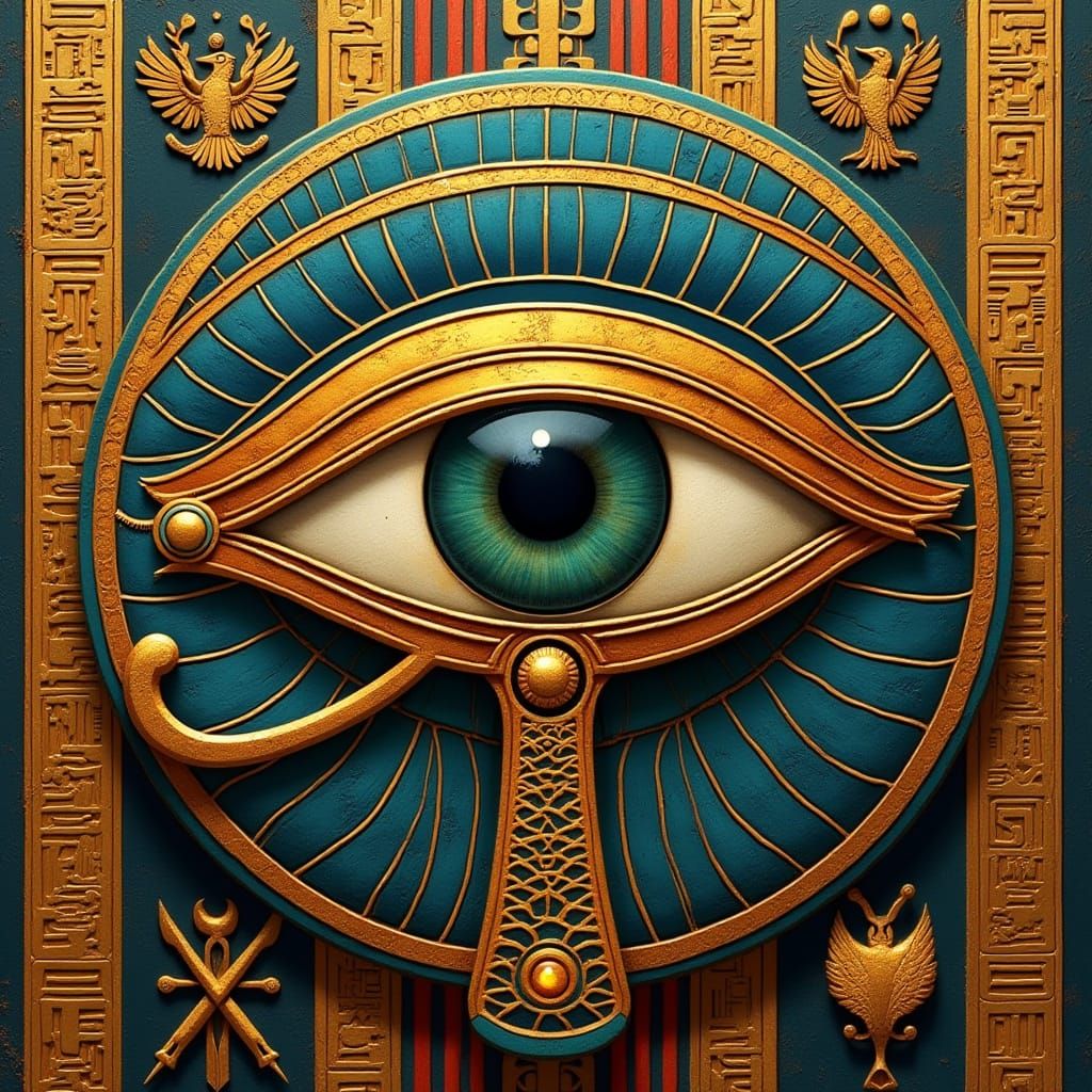 Egyptian Eye of Horus with Intricate Patterns and Gold Accen...