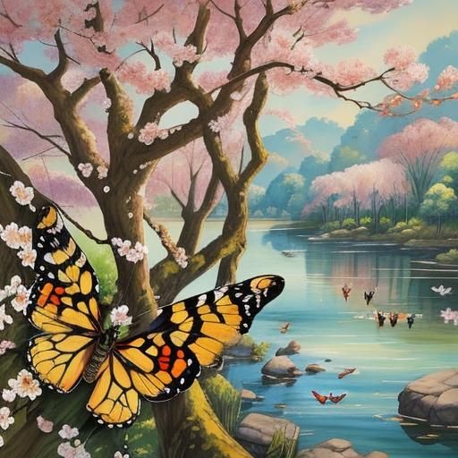 Watercolor Butterflies Near Water in Ink Painting Style