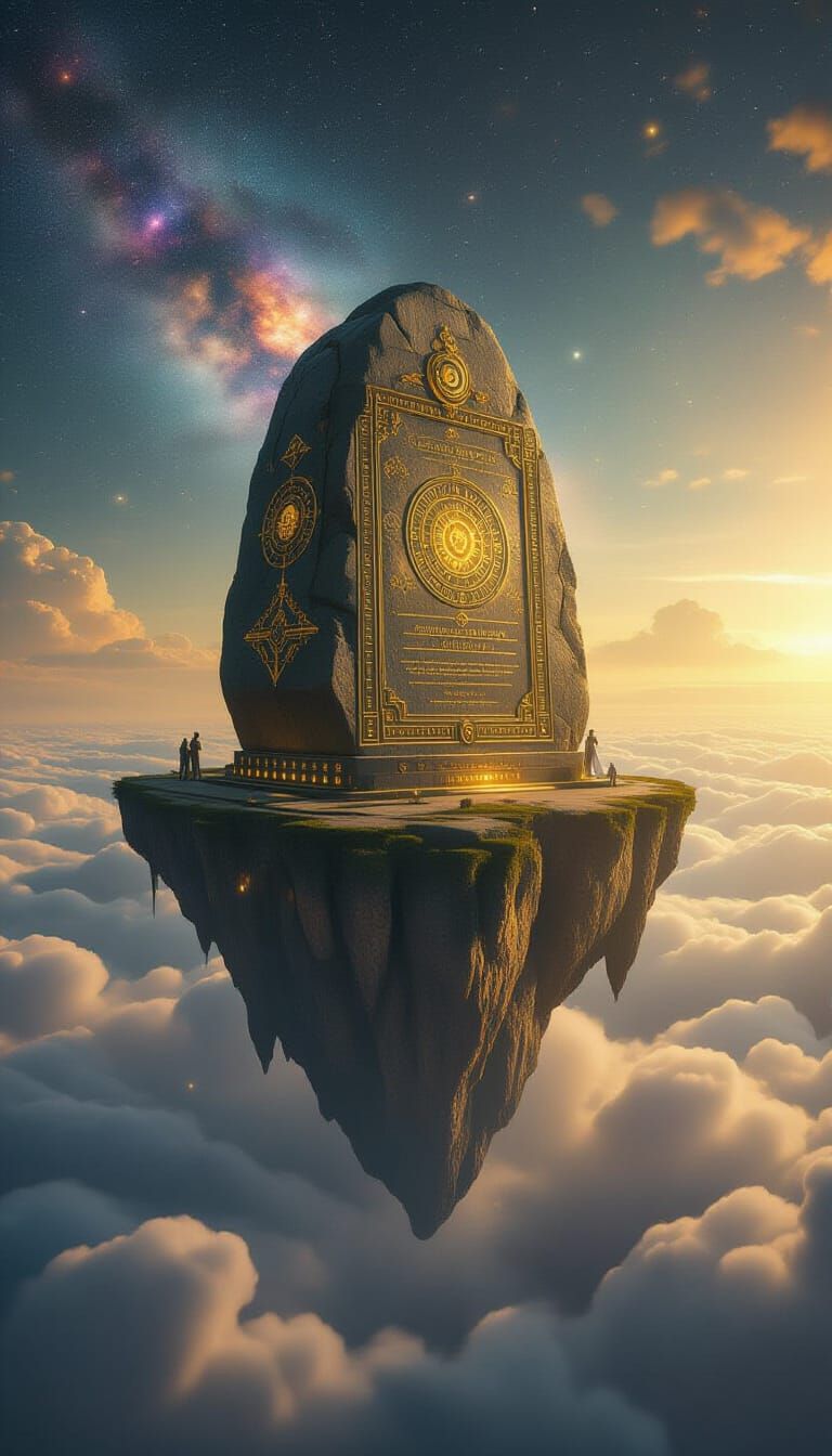 Ancient Floating Island with Cosmic Symbols