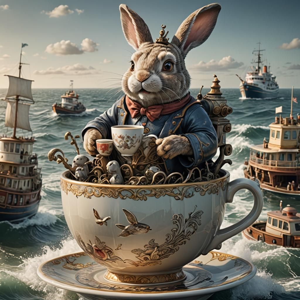 Whimsical Rabbit in Teacup Travels Ocean