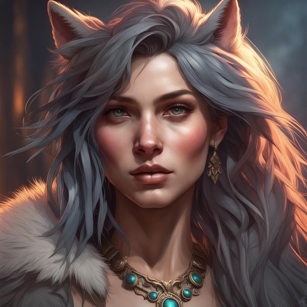 Hyperdetailed Female Wolf Portrait in Art Nouveau Style