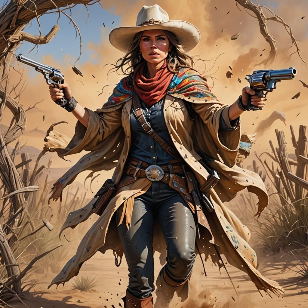 Hyperrealistic Female Gunslinger in the Wild West
